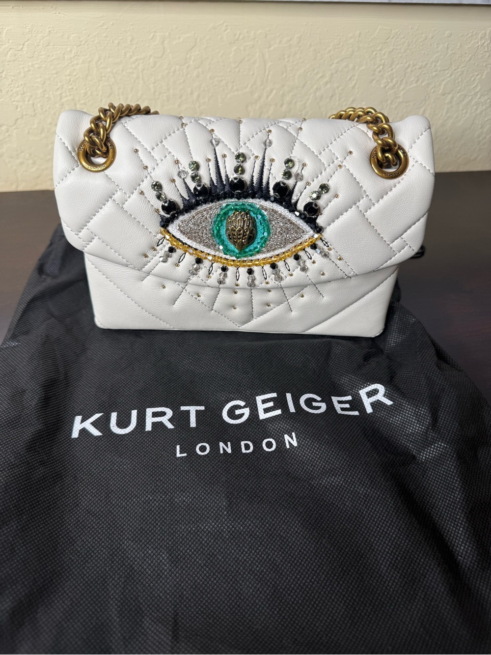 Kurt Geiger White Quilted Shoulder Bag with Embellished Eye Detail